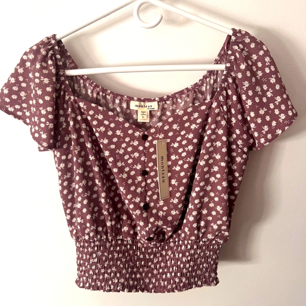 Monteau Los Angeles Floral Smocked Crop Top (Size L)